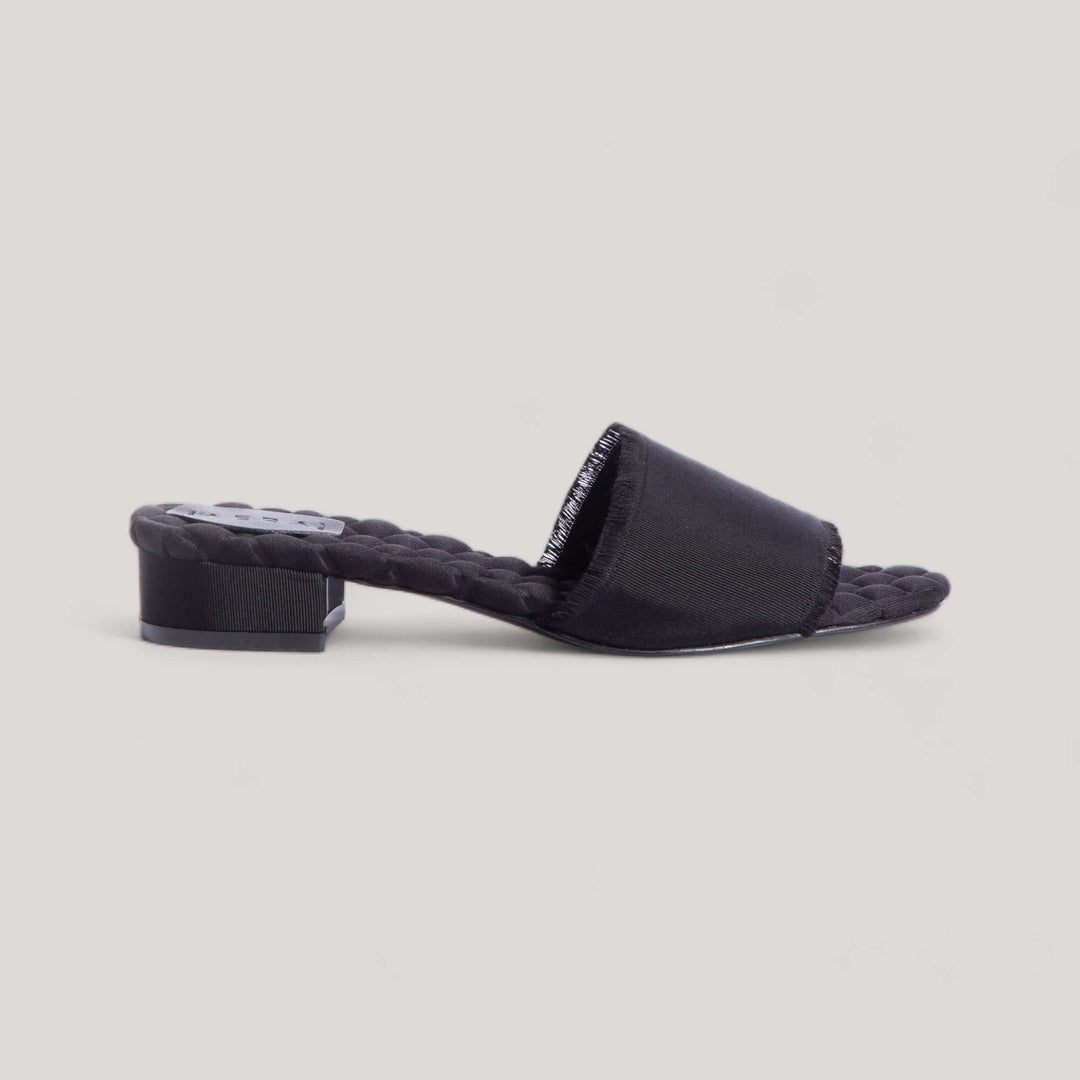GIORGIA Black Grosgrain Sandals by AERA with grosgrain fringe details, square heel, vegan and sustainable designer shoes.