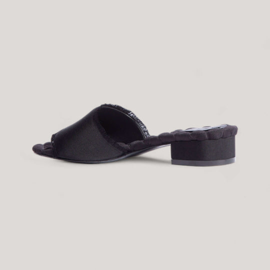 GIORGIA Black Grosgrain Sandals with cushioned insole, grosgrain fringe, and square heel - vegan, designer, sustainable shoes - side view.