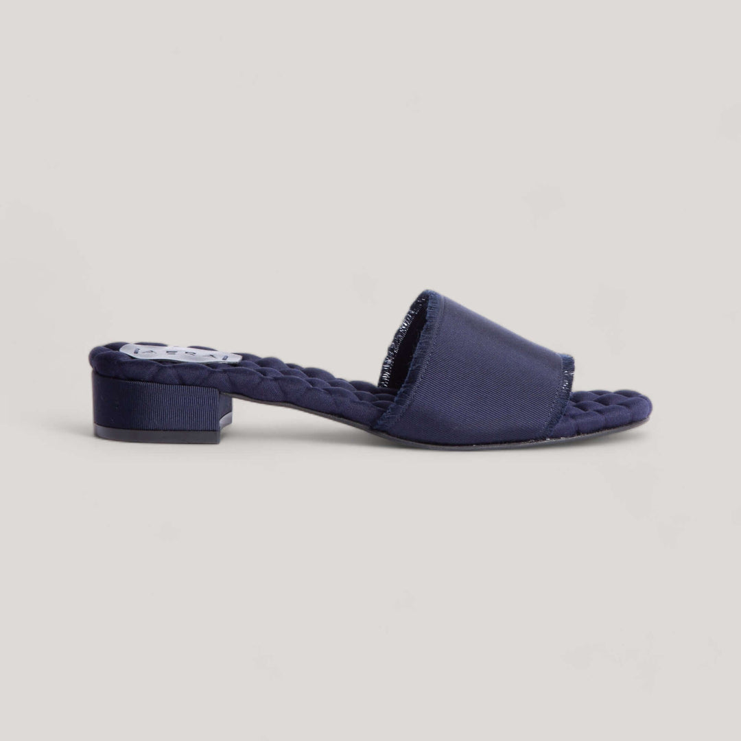 GIORGIA navy grosgrain sandals with cushioned insole, square heel, and grosgrain fringe details, handcrafted in Italy by AERA. Vegan, designer, sustainable shoes.