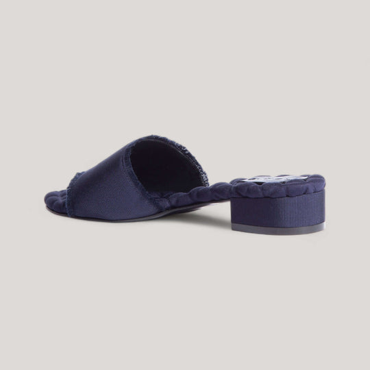 Navy grosgrain GIORGIA sandals with square heel, vegan, designer, sustainable shoes, featuring cushioned insole and fringe details.