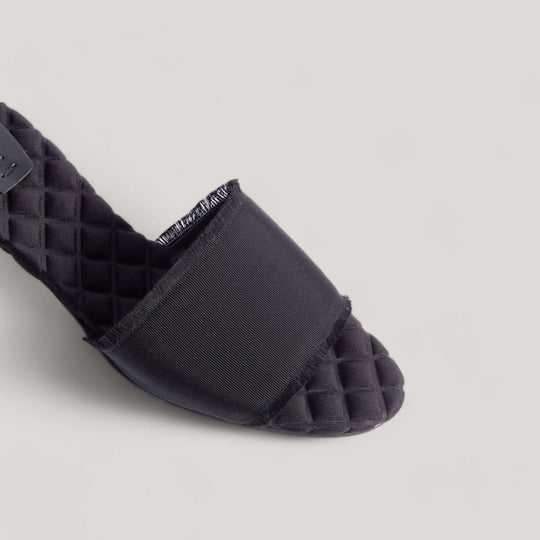 Black Grosgrain Sustainable Vegan Designer Sandals with Cushioned Insole and Elegant Fringe Details by AERA