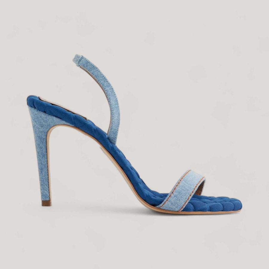 VIVIEN Blue Denim slingback sandals by AERA, Vegan Shoes, sustainable high-heeled footwear crafted in Italy, inspired by Stella McCartney