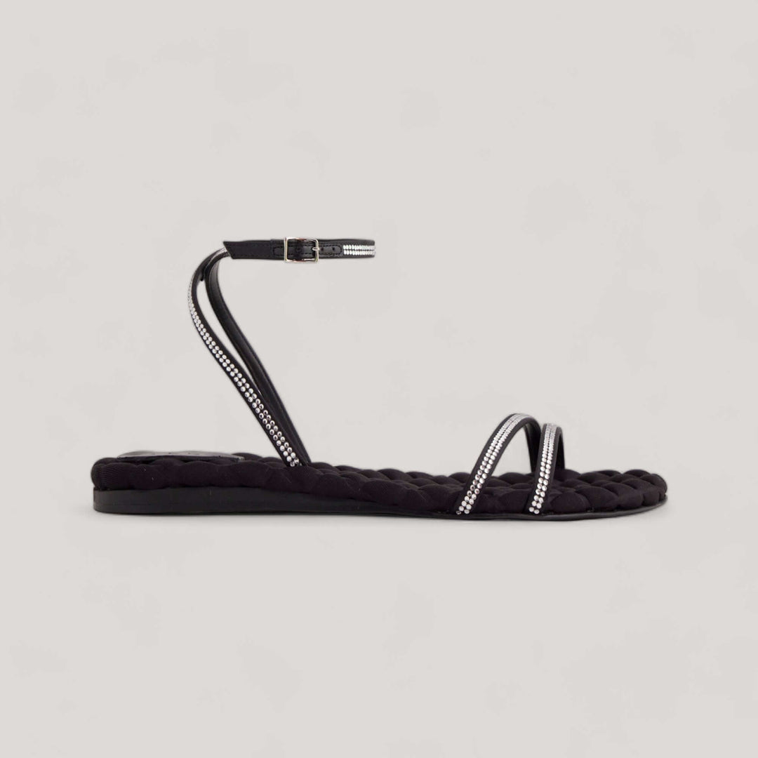 Black Crystal FAYE vegan sandals with crystal-embellished straps and quilted insole, designer sustainable shoes made in Italy.