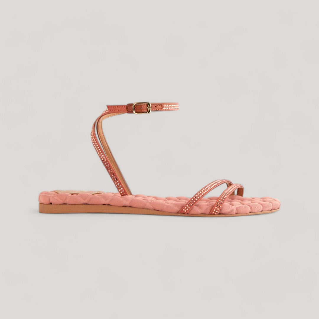 FAYE Antique Rosé Crystal vegan designer sandals with minimalistic crystal-embellished ultra-thin straps and buckle-fastening ankle strap.