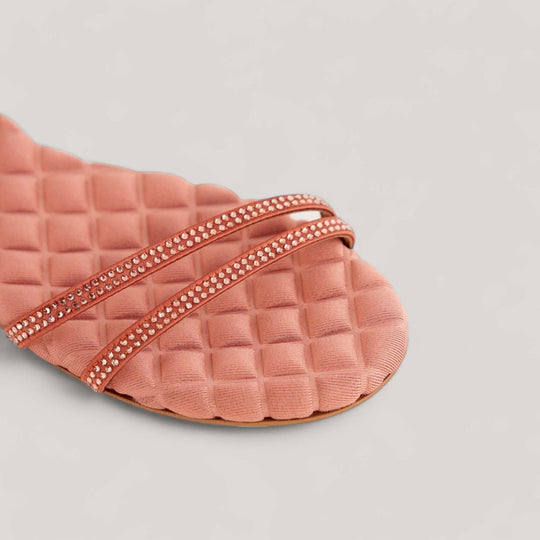 Close-up of FAYE Antique Rosé Crystal Sandals by AERA showcasing quilted insole and crystal-embellished straps. Vegan, sustainable designer shoes.